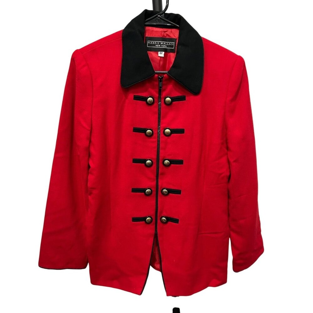Vintage 90s Harris Wallace Red Black Wool Blend Military Style Jacket Size 8P